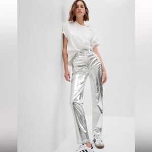 Gap Women’s High Rise Vegan Leather Cheeky Straight Pants in silver metallic